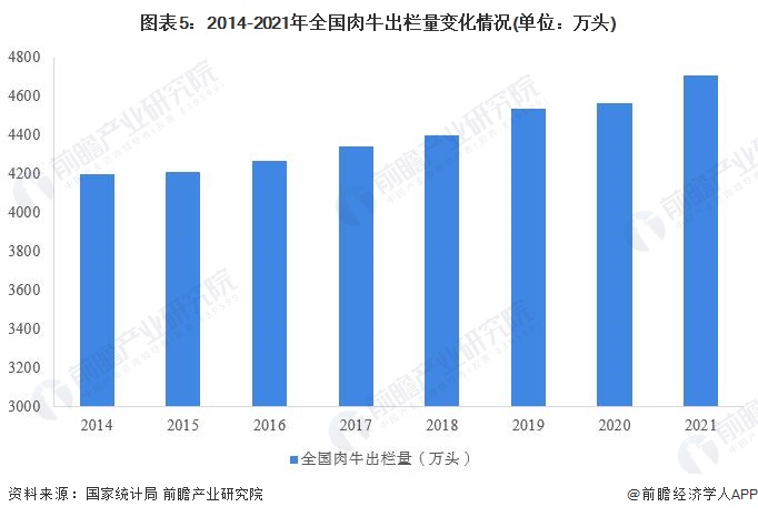 图表5：2014-2021年全国肉牛出栏量变化情况(单位：万头)