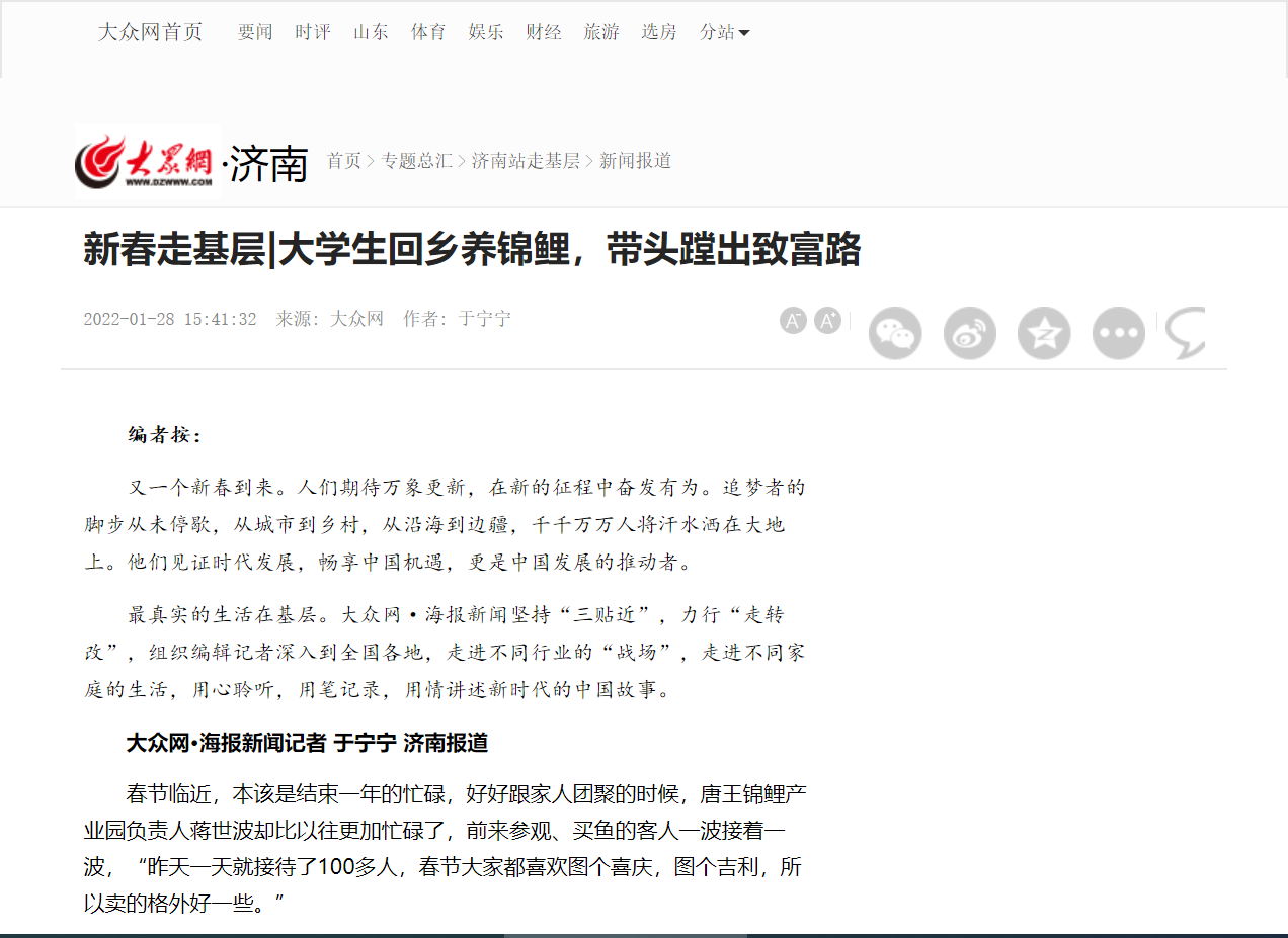大众网：新春走基层|大学生回乡养锦鲤，带头蹚出致富路