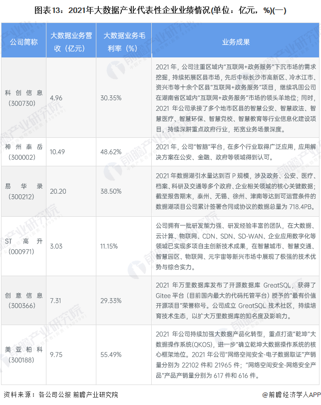 图表13：2021年大数据产业代表性企业业绩情况(单位：亿元，%)(一)