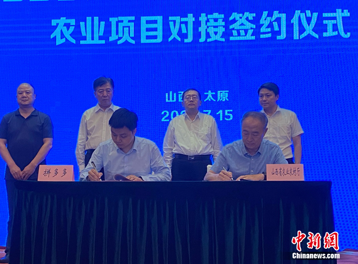 7月15日，在山西省农业农村厅厅长鞠振(后排右一)、山西省政府副秘书长梁敬华(后排右二)、山西省政府驻广州办事处主任刘亚林(后排左二)等见证下，山西省农业农村厅与拼多多双方代表签署合作协议。